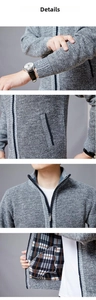Detailed views of men's knit cardigan featuring zipper closure and plaid lining texture