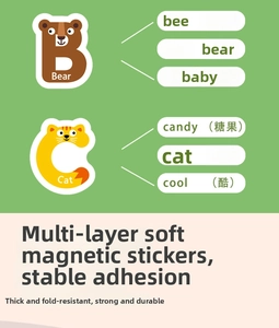 Dettaglio di adesivi magnetici con la lettera B come orso e C come gatto per l'apprendimento