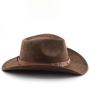 Detail of brown faux suede cowboy hat with studded leather band and silver metal accents