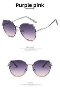 Détail des lunettes de soleil polygonales sans monture avec dégradé violet-rose et branches