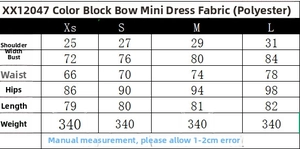 Tableau des tailles pour mini robe montrant les mesures XS, S, M et L en centimètres