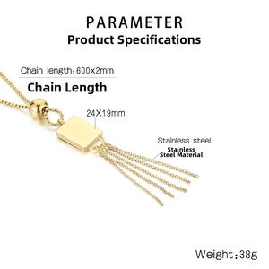 Detail view of 18K gold plated stainless steel necklace with square pendant and tassel fringe