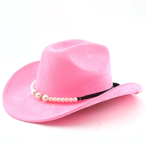 Detail of pink faux suede cowboy hat featuring elegant pearl trim and wide brim design