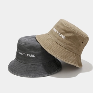 Washed Cotton Bucket Hat Vintage Distressed Fisherman Cap With I Dont Care Letter Embroidery Outdoor Sunshade Unisex