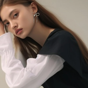 Minimalist silver bow knot stud earrings in stainless steel on elegant female model