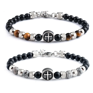 Retro Cross Beaded Bracelet Stainless Steel Natural Tiger Eye Stone Agate Religious Jewelry For Men Women
