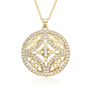 Elegant gold-plated Celtic knot necklace featuring clear zircons on a white background