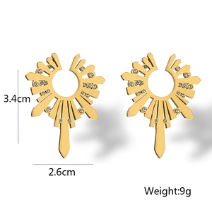 Detailed size view of irregular geometric titanium gold earrings with cubic zirconia