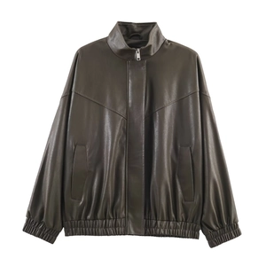 Dark brown faux leather bomber jacket with a minimalist stand collar and ribbed hem