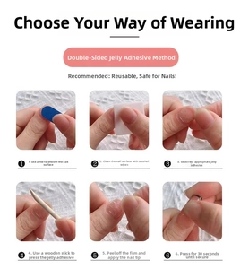 Step-by-step guide for applying press-on nails with jelly glue and manicure tools