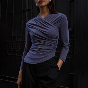 Women's deep blue V-neck long sleeve top with stylish ruched front and slim fit waist