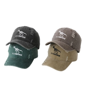 Distressed kids baseball caps with dinosaur skeleton embroidery in four vintage colors