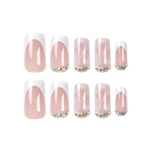 Classic French tip press-on nails with white marble pattern and rainbow rhinestones