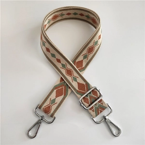 Close-up of geometric jacquard woven bag strap with silver metal swivel hooks