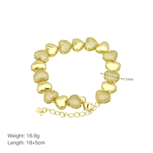 Bracciale a cuore dorato con zirconi, lunghezza 18+5cm e larghezza 11mm, elegante