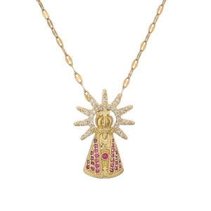Gold-plated religious crown pendant necklace with pink and white cubic zirconia stones