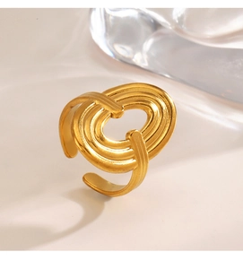 Detailed macro view of an 18K gold plated layered geometric oval open ring for women