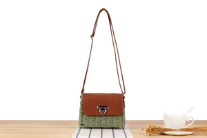 Detail of green woven paper rope bag with brown leather flap and silver turn-lock