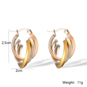 Detail view of tri-color twisted hoop earrings with size 2.5x2cm and weight 11g specs