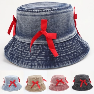 Women Washed Denim Bucket Hat With Satin Ribbon Bow Sweet Korean Style Vintage Sun Protection Basin Hat