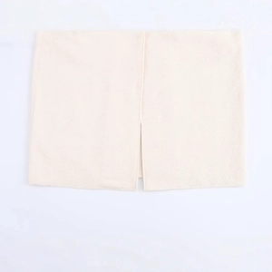 Minimalist beige wool blend midi skirt with side slit design on a white background