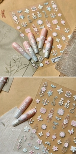 Detailed macro view of 5D floral embroidery embossed nail stickers with butterfly motifs