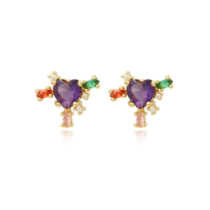 Elegant gold earrings with purple heart crystal and colorful zircon flower accents