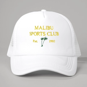 Close-up of yellow Malibu Sports Club 1992 embroidery and green palm tree on white mesh hat
