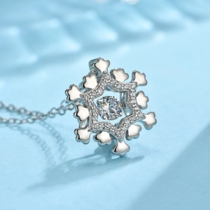 Macro shot of silver snowflake pendant with sparkling pavé cubic zirconia inlay details