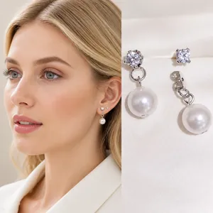 Elegant Faux Artificial Pearl Drop Earrings With Shiny Zircons And 925 Sterling Silver Earring Post Fashion Jewelry For Women