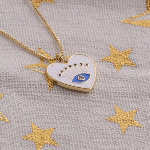 Golden box chain necklace with white heart evil eye pendant and tiny colorful crystals