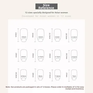 Detailed size chart for French ballet press-on nails featuring 12 different dimensions