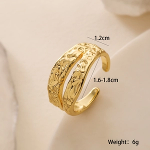 Detail of 18K gold plated textured ring showing width 1.2cm and diameter 1.6-1.8cm measurements