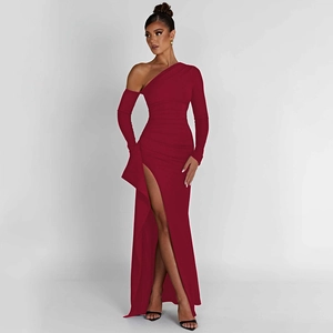 One Shoulder Long Sleeve Maxi Dress Ruched High Slit Backless Sexy Party Evening Gown For Women Polyester