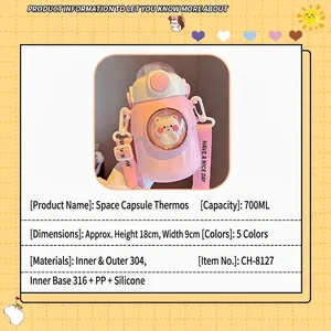 Pink space capsule vacuum insulated water bottle with 700ml capacity and cute cat toy