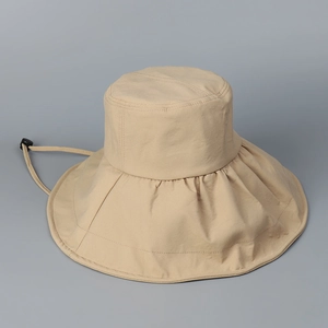 Women wide brim sun hat in khaki with adjustable windproof cord for UV protection
