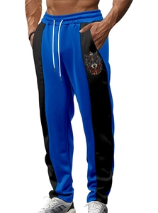 Front view of men's blue and black patchwork jogger pants with wolf head print detail