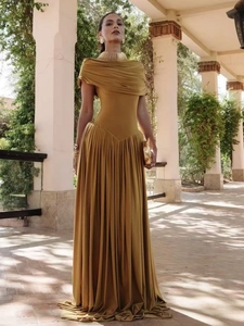 Elegant mustard yellow off-shoulder pleated maxi dress with silky finish for women