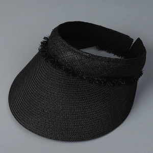 Detail of black straw open top sun hat featuring frayed tassel edges and woven texture