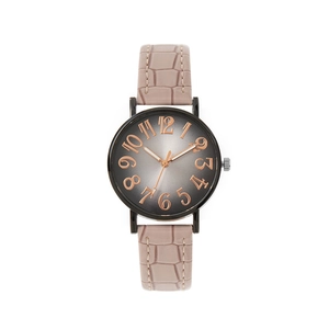 Montre à quartz élégante avec bracelet en cuir rose gaufré et cadran dégradé noir