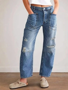 Jean Femme Vintage Déchiré Jambe Droite Coton Denim Délavé Pantalon Décontracté Large Grandes Poches Streetwear Bleu