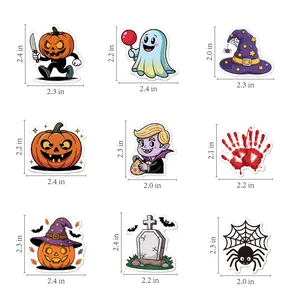 Detailed dimensions of 9 Halloween stickers showing height and width in inches