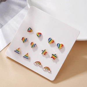 Set of 6 colorful heart and star stud earrings on display card with rainbow enamel finish