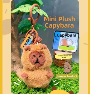 Detailed close-up of a plush Capybara keychain with a brown lobster clasp and mini charm