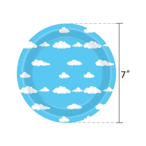 Detailed view of 7-inch round paper plate with blue sky and white cloud pattern
