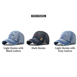 Three distressed washed denim baseball caps with California embroidery in various blue tones