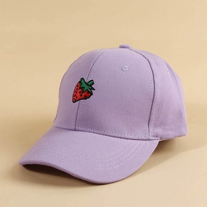 Unisex light purple baseball cap with detailed strawberry embroidery on a cotton canvas finish