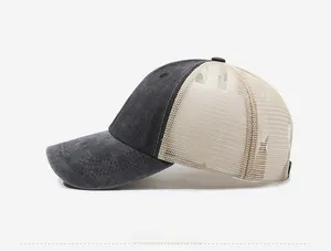 Detailansicht der Vintage Mesh-Basecap mit gewaschener grauer Baumwolle und Netzteil