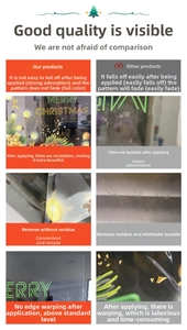Detail showing high-adsorption Christmas window stickers with vibrant festive patterns