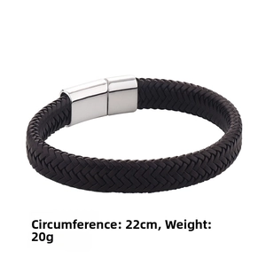 Close-up of black braided leather bracelet for men with 22cm length and 20g weight